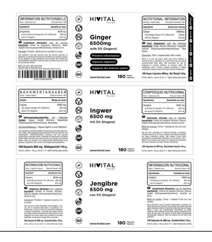 JENGIBRE 6500 MG / 180 CAPSULAS VEGANAS HIVITAL